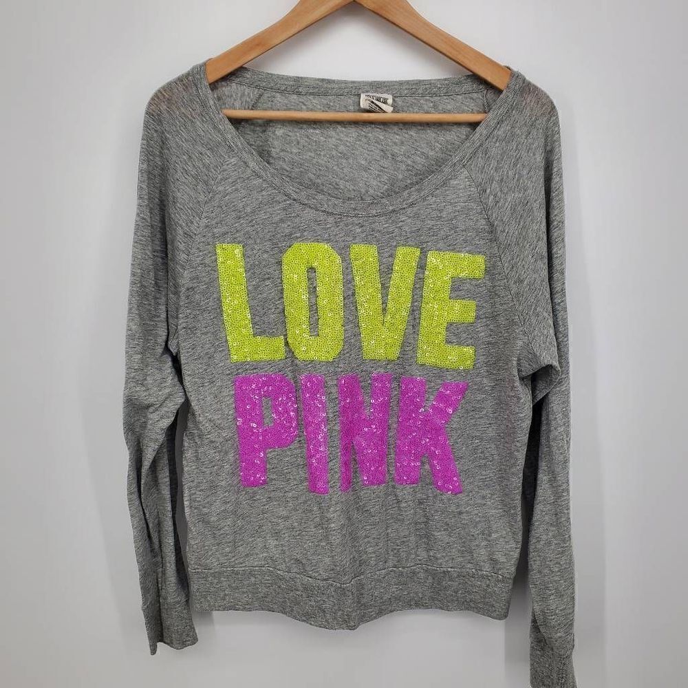 Pink‎ VS Grey Long Sleeve Sequin Spell out Shirt Size Medium